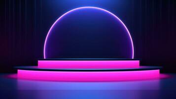 Neon round podium illuminated by neon light. 3d rendering. Generative AI photo