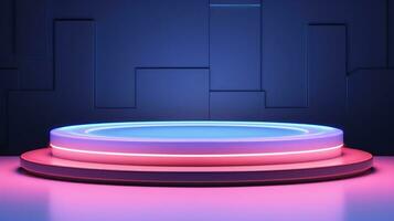 Abstract round podium illuminated with neon light. Award ceremony concept. 3D render Generative AI photo