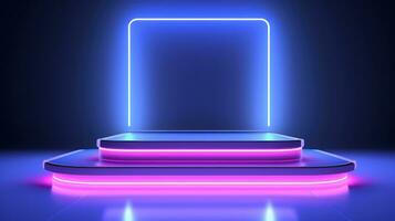 Neon podium illuminated with blue neon light, 3d render illustration Generative AI photo
