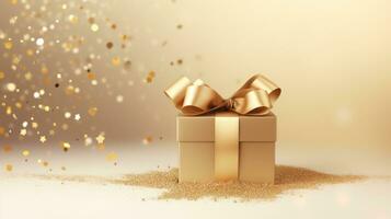 Gift box with golden bow on golden background. 3d rendering Generative AI photo