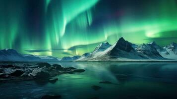 Aurora borealis, northern lights over snowy mountains and lake Generative AI photo