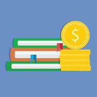 Investment in future and graduation. Financial money in grant degree, books stack and coins. Vector illustration