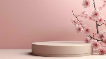 3d render of minimal product display podium, pedestal or platform with cherry blossom. Generative AI photo