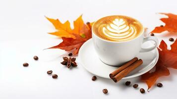 Cup of coffee with latte art and autumn leaves on white background Generative AI photo