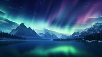 Northern lights Aurora borealis over lake in the mountains, vector illustration Generative AI photo