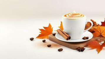 Cup of coffee with autumn leaves and cinnamon on white background. Generative AI photo