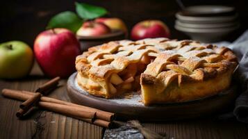 Homemade apple pie on a wooden background. Selective focus. Generative AI photo