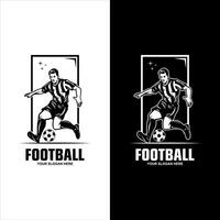 fútbol emblema con un silueta de el jugador y pelota aislado monocromo imagen vector