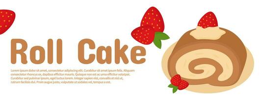 promotional banner for rolled sponge cake with a flat illustration of cute rolled sponge cake for a bakery shop vector