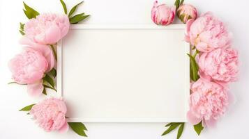 Flowers composition. Frame made of peony flowers on white background. Flat lay, top view, copy space Generative AI photo