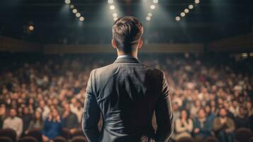 Rear view of businessman standing in front of audience in conference hall Generative AI photo