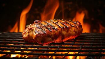 Grilled chicken breast on a barbecue grill with flames in the background Generative AI photo