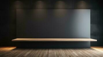 Empty black wall with wooden shelf. Mock up, 3D Rendering Generative AI photo