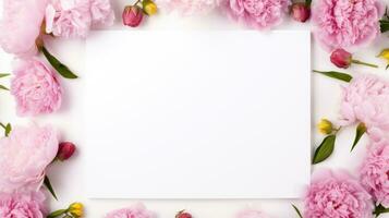 Creative layout made of pink peony flowers on white background. Flat lay, top view, copy space Generative AI photo