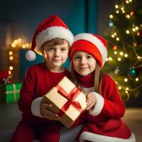 contento niño con un Navidad regalo cajas con un decorado Navidad árbol en un habitación - generado imagen foto