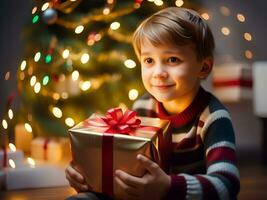 Happy kid with a christmas gift boxes with a decorated christmas tree in a room - Generated image photo