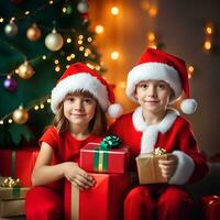 contento niño con un Navidad regalo cajas con un decorado Navidad árbol en un habitación - generado imagen foto