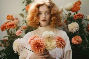 retrato de un Pelirrojo niña con un ramo de flores de flores generativo ai foto