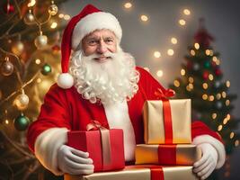 Papa Noel claus con un presente regalo caja en el habitación con Navidad árbol antecedentes - generado imagen foto