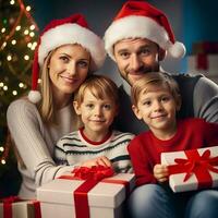 contento familia con padres y hijo en un habitación. con regalo caja en un Navidad día - generado imagen foto