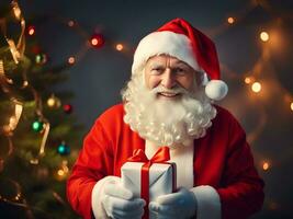 Papa Noel claus con un presente regalo caja en el habitación con Navidad árbol antecedentes - generado imagen foto