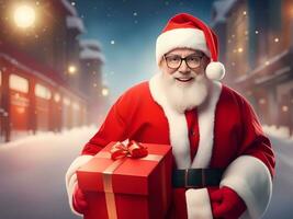 Santa claus with a present gift box with winter snow village background - Generated image photo