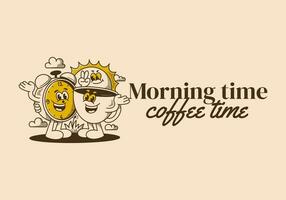 Morning time, coffee time. Mascot character of coffee cup, alarm clock and a sun vector