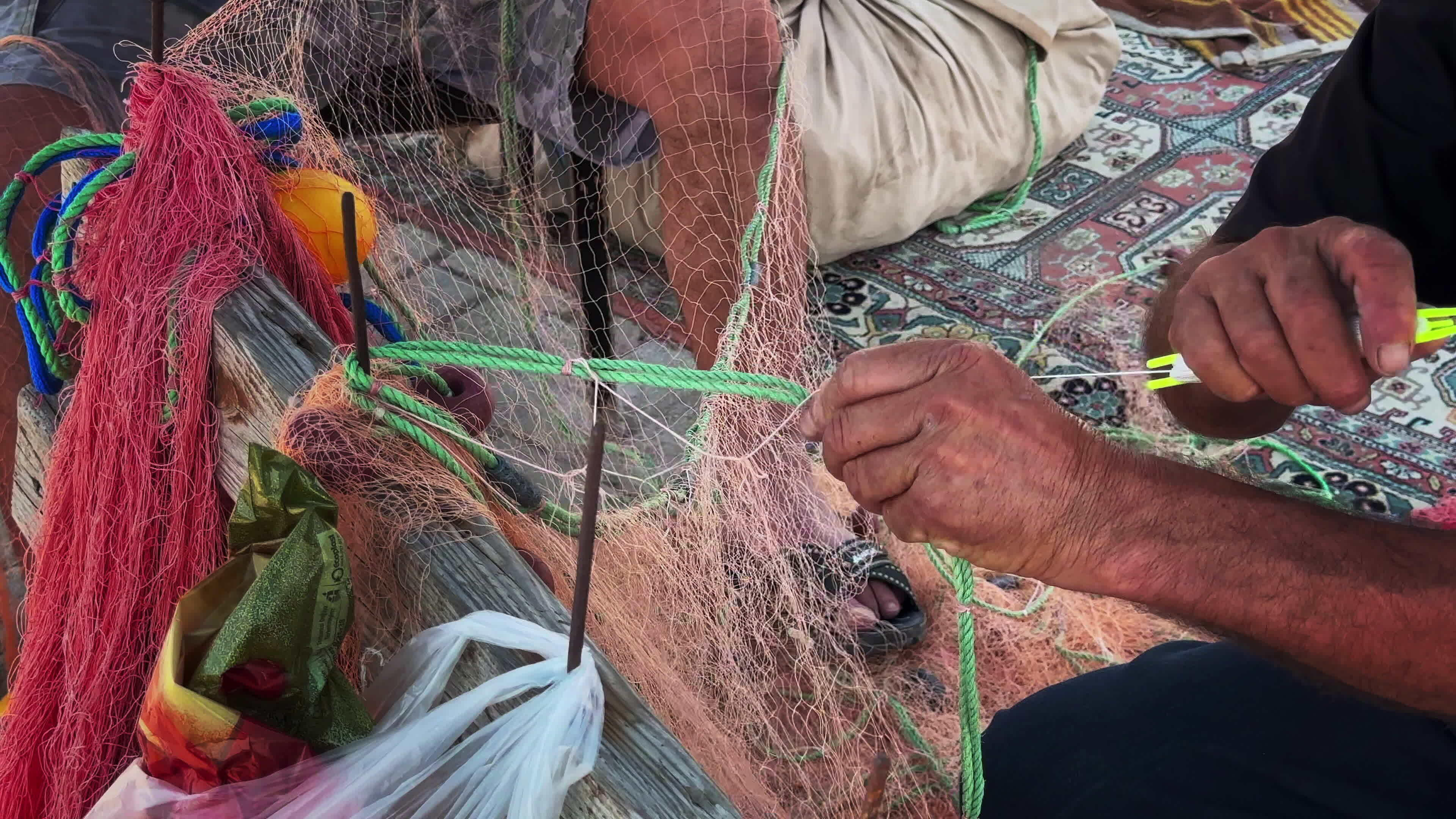 Fisherman Repairs Fishnets Fishing Lines 34328207 Stock Video at