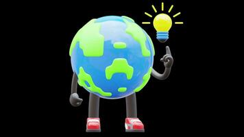 Earth Character get an idea with a light bulb, Retro Mascot Character Animation video