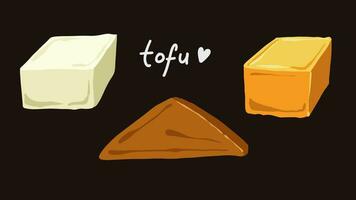 White, yellow, and marinated sweet soy sauce triangle tofu animation looping footage. Food vector art isolated on dark background. video