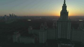 Moscow State University and City Skyline in Sunny Morning. Russia. Aerial View. Drone is Flying Sideways and Upward video