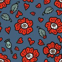 Psychedelic seamless pattern with big eyed poppy flowers and buds. Magic print for tee, paper, textile and fabric. vector