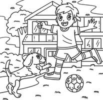 chico y perro jugando fútbol colorante página para niños vector