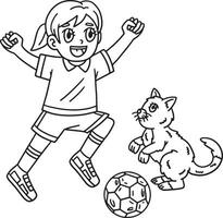 Girl and Cat Playing Soccer Isolated Coloring Page vector