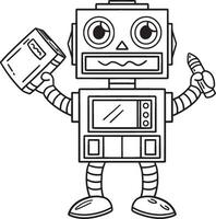 Robot with Book and Pencil Isolated Coloring Page vector