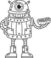 One Eyed Robot with Hotdog Isolated Coloring Page vector