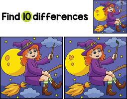 Witch Girl On A Broomstick Find The Differences vector