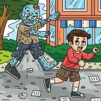 zombi persiguiendo niño de colores dibujos animados ilustración vector