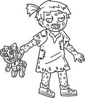 Zombie Girl with Plushie Isolated Coloring Page vector