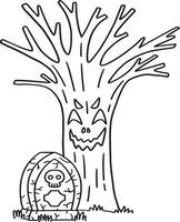 Spooky Tree and Tomb Isolated Coloring Page vector