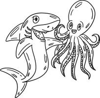 Shark and Octopus Isolated Coloring Page for Kids vector