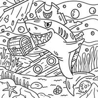 Pirate Shark with a Treasure Chest Coloring Page vector