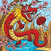 Year of the Dragon Holding Lantern Colored Cartoon vector