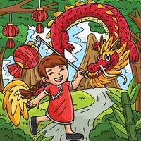 Year of the Dragon Child Holding Lantern Colored vector