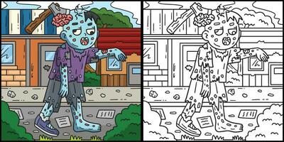 Zombie with an Ax Head Coloring Page Illustration vector