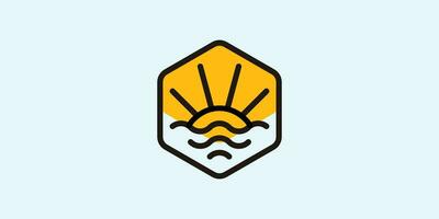 logo design for a sunset view at sea made in a hexagonal shape and in a minimalist style vector