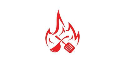 food logo design with a combination of cooking utensils and fire made in an abstract style. vector