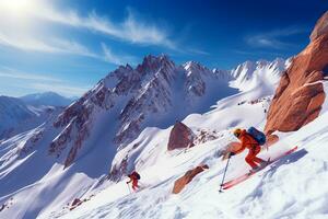 Portrait of of skiers down the mountain. Group of people on top of a mountain to ski down. Generative AI photo