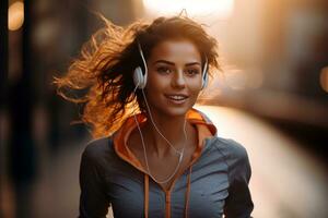 Young women is jogging in the morning, wearing earphone to hear music. A woman jogging on sunny day. Generative AI photo