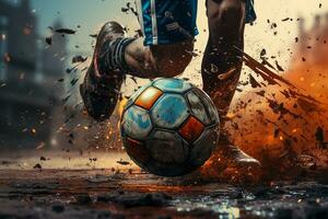 Photo close up of foot kicks the ball. Leg in boot playing football in a muddy field. Soccer kids player with ball. Generative AI